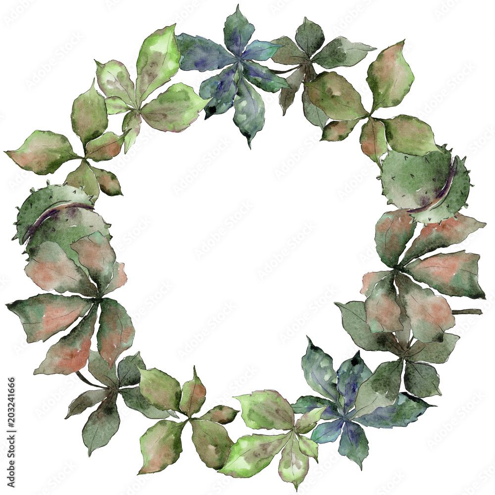 Fototapeta premium Chestnut leaves in a watercolor style frame. Aquarelle leaf for background, texture, wrapper pattern, frame or border.