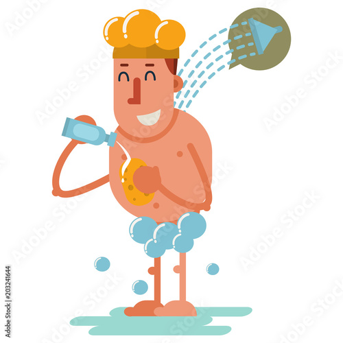 Man in the shower with foam. Vector flat cartoon character isolated on white background.
