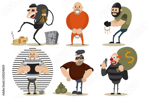 Thief, robber and gangster set. Criminal illustration with men in a mask at the crime scene. Vector cartoon characters.