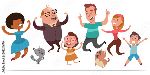 Happy people jumping for joy. Vector cartoon character of joyful men, women, children, dogs and cats isolated on white background.
