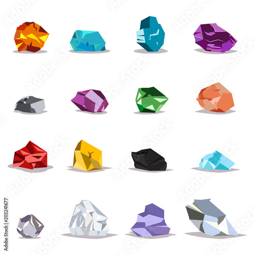 Natural gemstones, metals and crystals: gold, silver, diamonds and other. Vector icon set of raw minerals for jewelry isolated on white background.