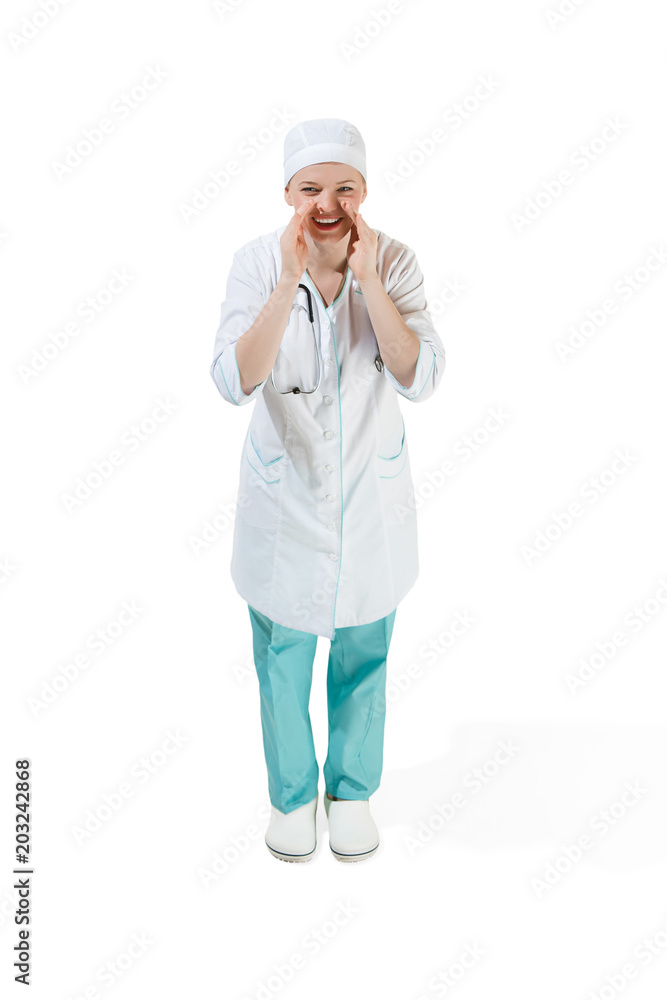 Beautiful young woman in white coat posing at studio. Full length studio shot isolated on white. Beautiful young woman in white coat posing at studio. Full length studio shot isolated on white.