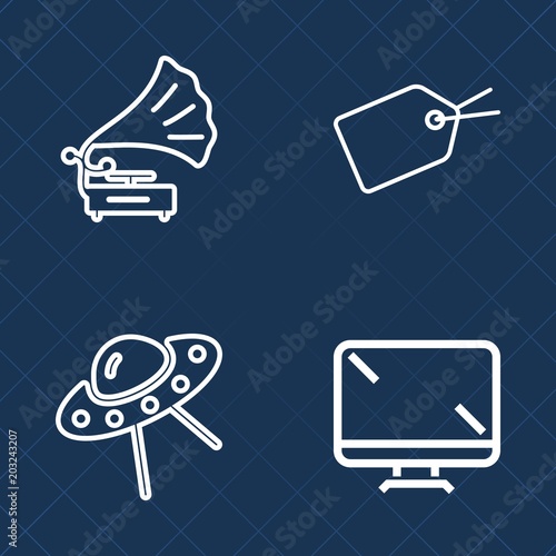 Premium set of outline vector icons. Such as entertainment, shop, sound, retro, tag, audio, electronic, object, vintage, label, discount, web, display, white, computer, spaceship, music, old, song