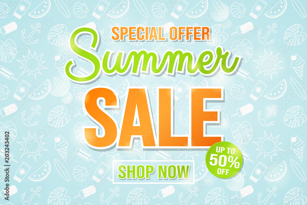 Naklejka premium Multicoloured background with hand drawn summer elements for Summer Sale. Vector.