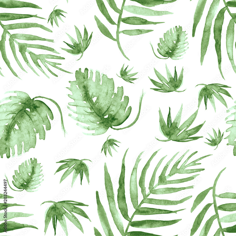 Seamless watercolor background from green tropical leaves, palm leaf