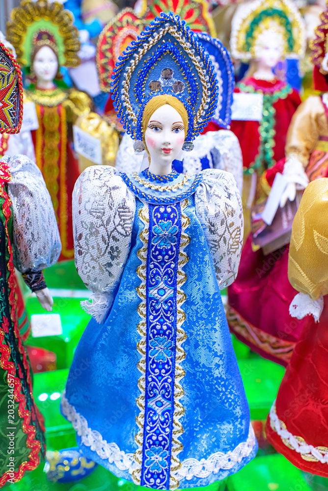 Souvenir production from Russia. Doll in the form of a Russian girl in national dress, sundress  and crown.