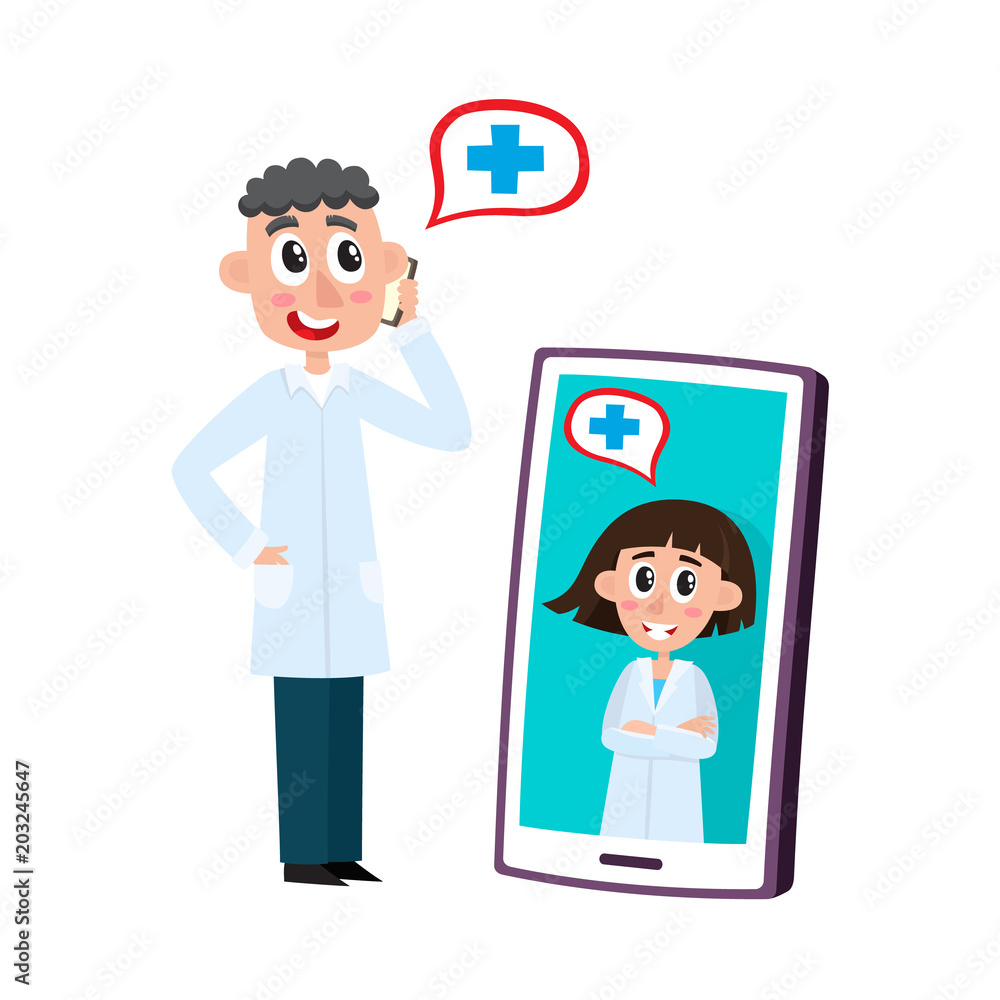 Remote medical assistance set with male doctor advising patient on mobile phone and female doctor on video on smartphone isolated on white background - flat cartoon vector illustration.