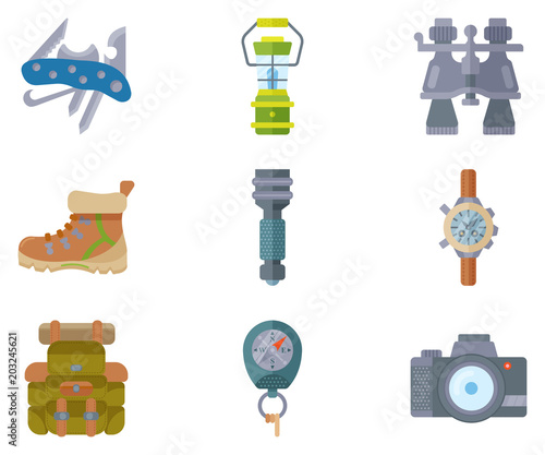 Hiking equipment and forest leasure vector icon set. Mountain hiking and trekking elements. Multitool, lantern, binocular, hiking boots, flashlight, backpack, compass and etc.