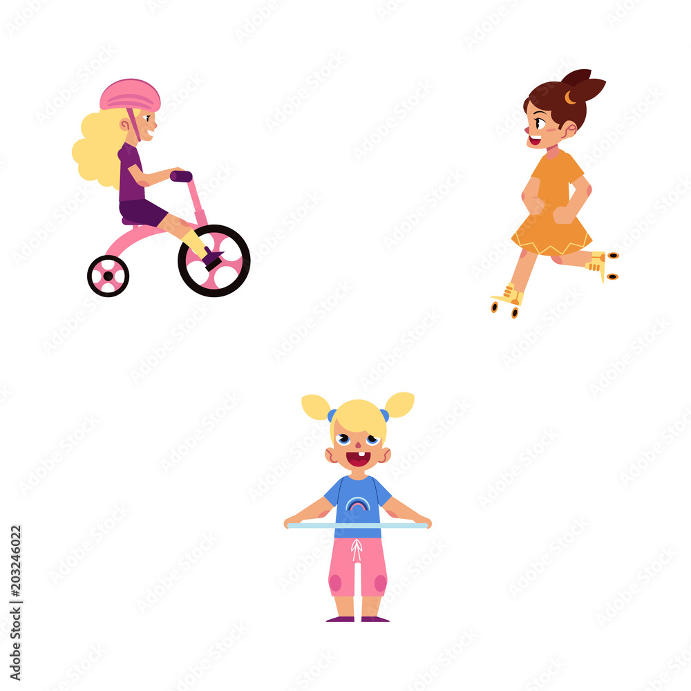 Child girls engaged in sports and active rest set isolated on white background. Happy smiling little female kids twirling hula hoop, riding bike and roller skating, cartoon vector illustration. Child girls engaged in sports and active rest set isolated on white background. Happy smiling little female kids twirling hula hoop, riding bike and roller skating, cartoon vector illustration.