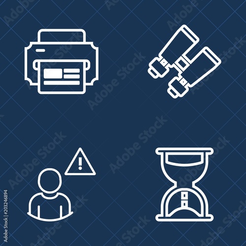 Premium set of outline vector icons. Such as binoculars, equipment, vision, timer, search, network, paper, hour, alarm, sand, print, clock, graphic, office, sign, mobile, minute, web, hourglass, glass