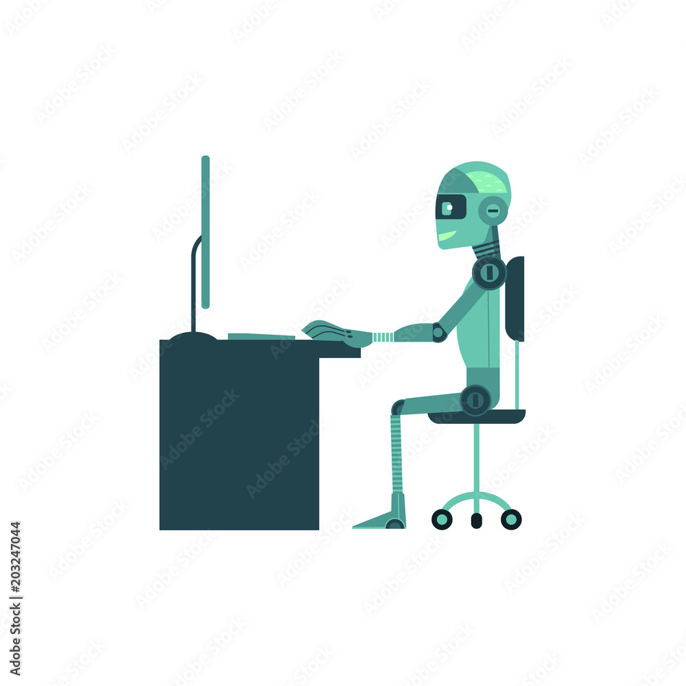 Artificial intelligence concept with anthropoid robot works behind computer  isolated on white background. Flat cartoon futuristic vector illustration  of android at workplace. Stock Vector | Adobe Stock