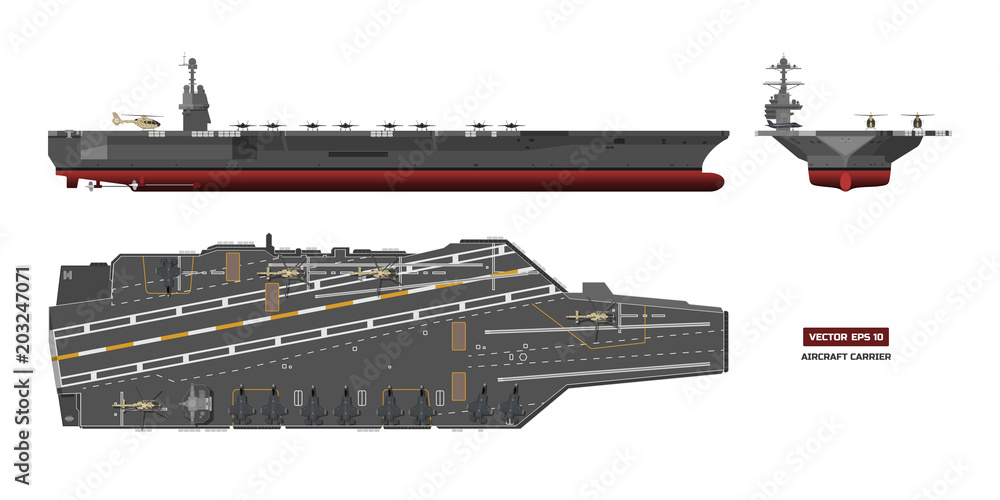 Obraz premium Detailed image of aircraft carrier. Military ship. Top, front and side view. Battleship model. Industrial drawing. Warship in flat style