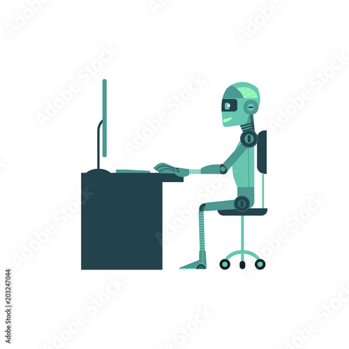 Artificial intelligence concept with anthropoid robot works behind computer isolated on white background. Flat cartoon futuristic vector illustration of android at workplace.