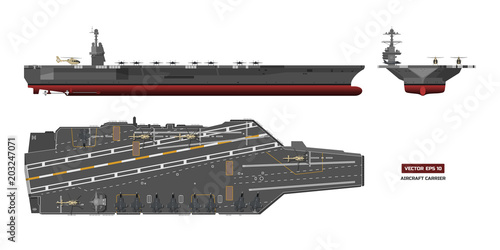 Detailed image of aircraft carrier. Military ship. Top, front and side view. Battleship model. Industrial drawing. Warship in flat style