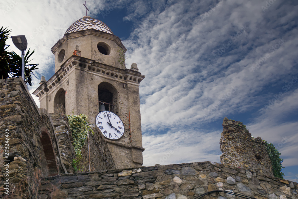 Clock tower in Vernazza, Cinque Terre, Liguria, Italy