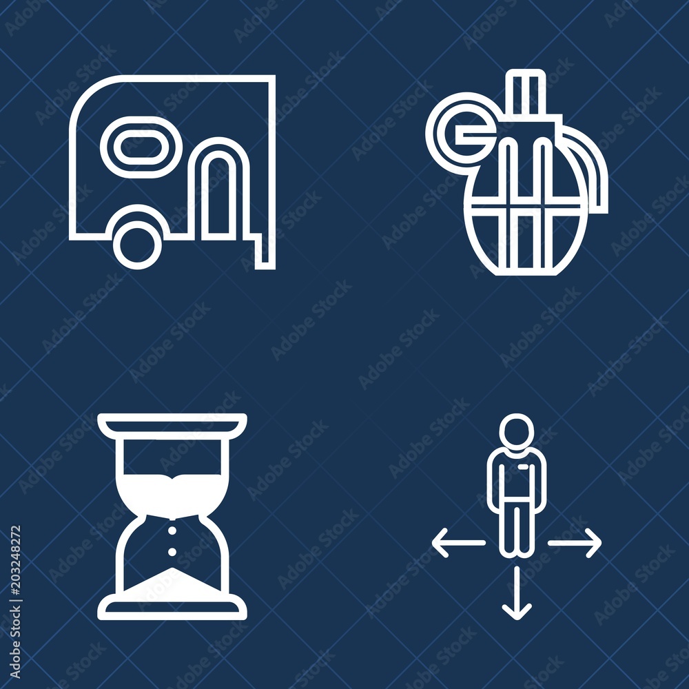 Premium set of outline vector icons. Such as sign, arrow, commercial, combat, grenade, metal, business, minute, place, travel, war, car, countdown, cargo, dangerous, white, military, sand, freight