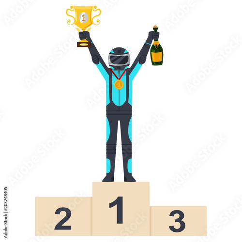 Kart racing winner on three level podium with a gold cup, medal and a bottle of champagne. Vector cartoon character of driver rally in helmet and uniform isolated on white background.