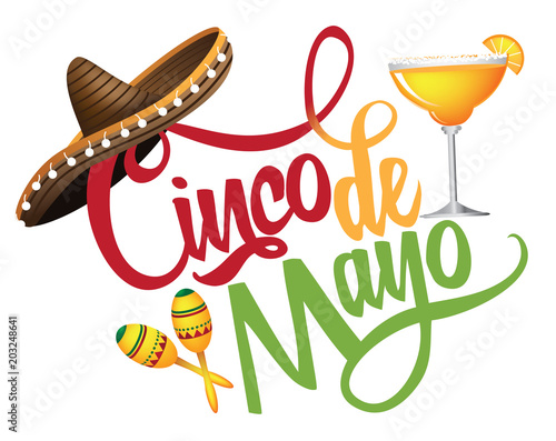 Cinco de Mayo hand drawn lettering with festive straw sombrero, maracas and margarita.  EPS10 vector illustration.