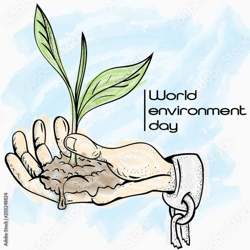 illustration_1_ hand in shackles holding in the palm of the sprouting germ of the plant, symbolizes world environment day
