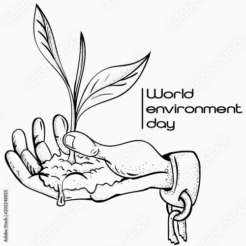 illustration hand in shackles holding in the palm of the sprouting germ of the plant, symbolizes world environment day