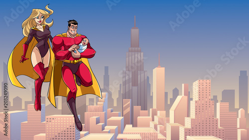 Full length illustration of happy super dad and super mom with super baby, flying in the sky over big city. 