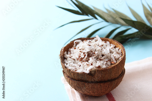 fresh coconut shavings and palm leaf on a colored background.