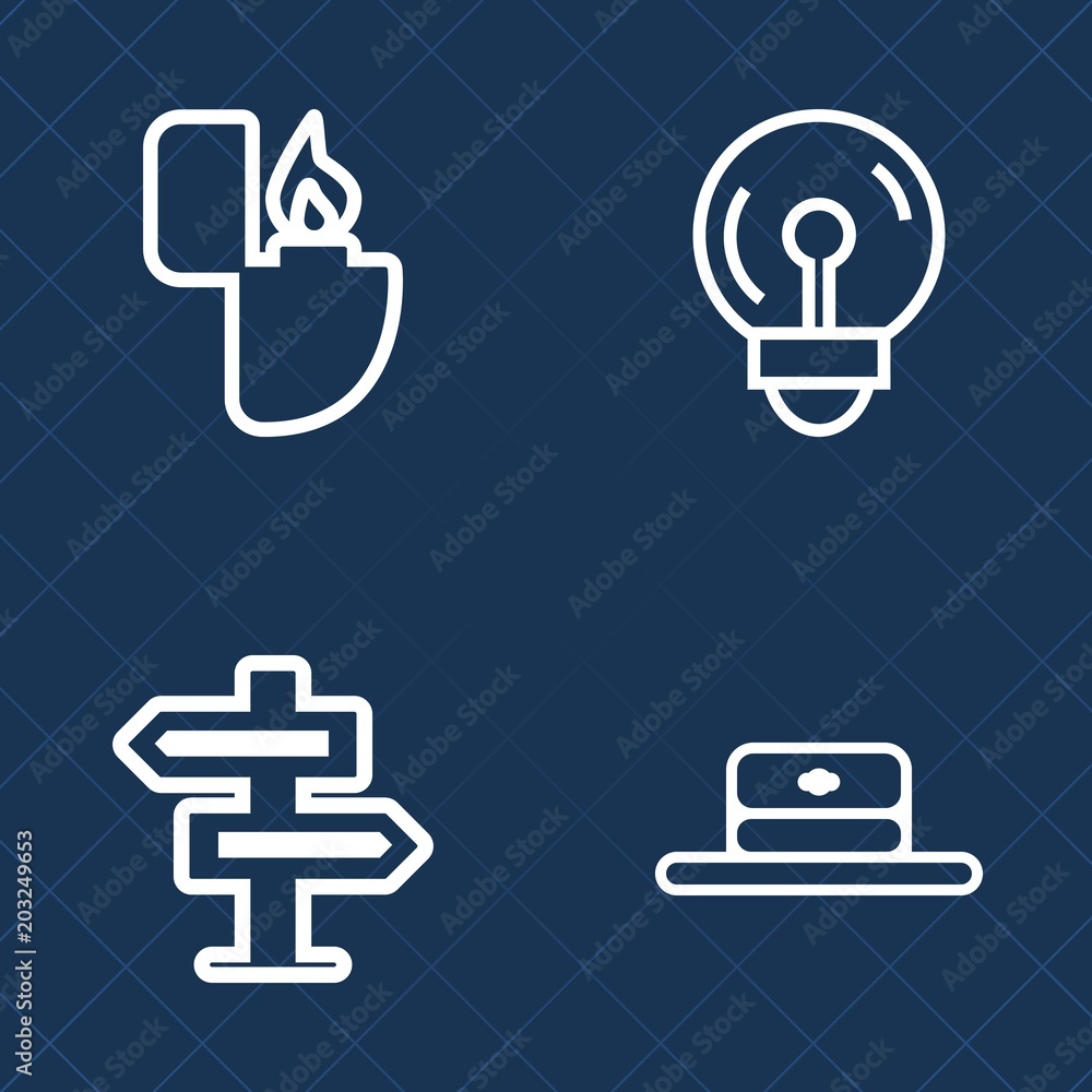 Fototapeta premium Premium set of outline vector icons. Such as lock, flammable, hat, hotel, dont, flame, innovation, fashion, tobacco, cigarette, illumination, handle, sign, lamp, plastic, closed, hanger, lightbulb