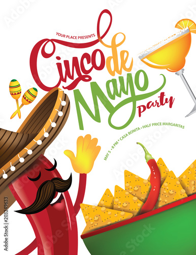 Cinco de Mayo hand drawn lettering with festive straw sombrero party background.  EPS10 vector illustration.