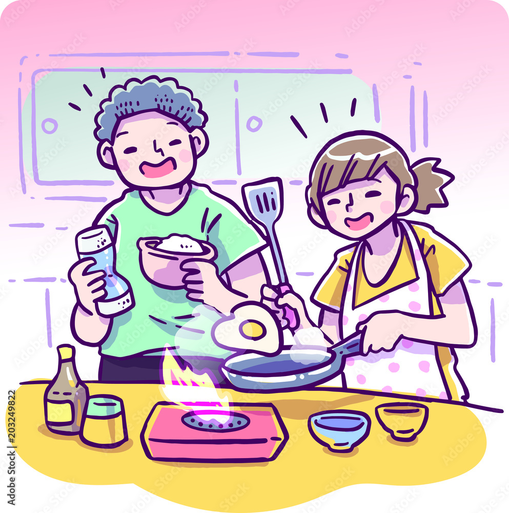 Vector illustration of happy man and woman cooking hearted shape fried egg together in the kitchen Vector illustration of happy man and woman cooking hearted shape fried egg together in the kitchen