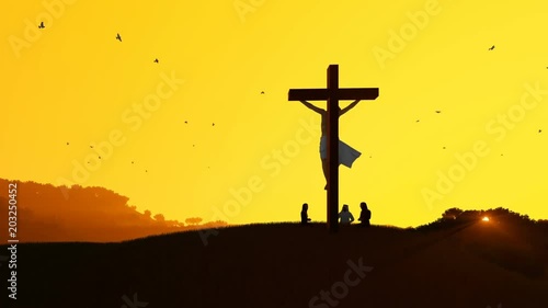 Wallpaper Mural Jesus on cross and worshipers praying against hot sunset, zoom in Torontodigital.ca