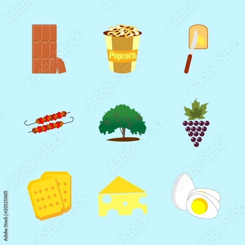 icons about Food with popcorn, dessert, boiled egg, fatty and bbq