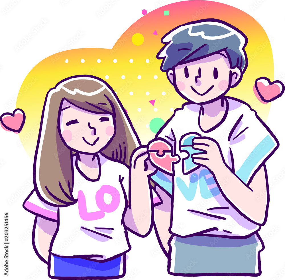 Vector illustration of smiling young man and woman lovingly put together heart-shaped puzzle Vector illustration of smiling young man and woman lovingly put together heart-shaped puzzle
