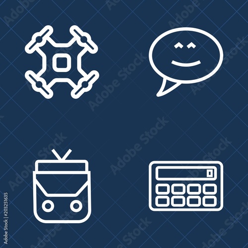 Premium set of outline vector icons. Such as drone, sky, helicopter, object, aircraft, handle, fly, bag, background, accessory, calculator, copter, button, leather, camera, brown, mathematics, control
