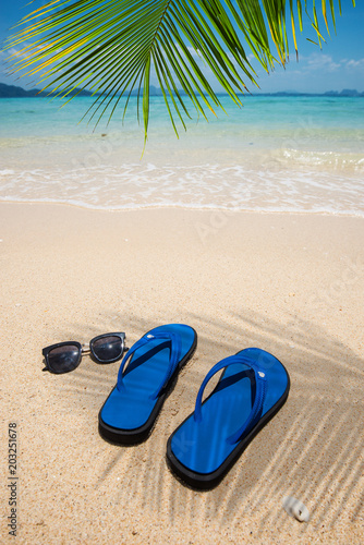 Flip flop sandals and sunglasses on the beach with leaf of palm tree and blue sea in backgrounds. Holidays travel concept