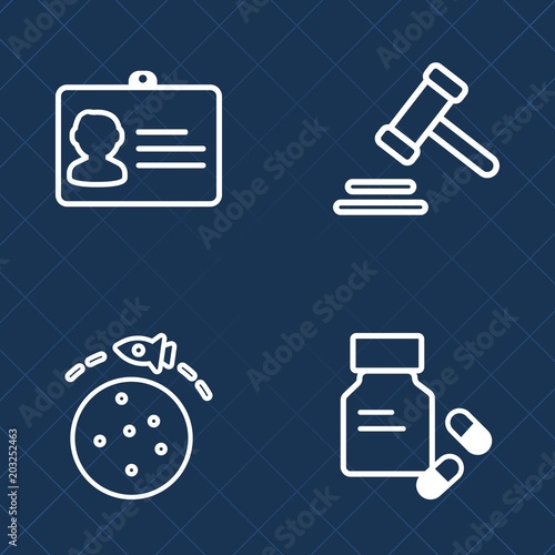 Premium set of outline vector icons. Such as name, prescription, trial, lawyer, spaceship, medication, pill, criminal, courthouse, id, medicine, medical, gavel, plastic, personal, rocket, judgment