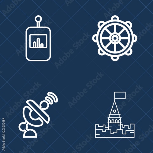 Premium set of outline vector icons. Such as sea, technology, tower, black, yacht, building, castle, helm, marine, button, navigation, ship, remote, old, equipment, palace, channel, travel, video, tv