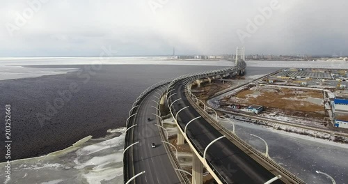 Highway construction. The new highway crossing the Gulf of Finland. Aerial drone