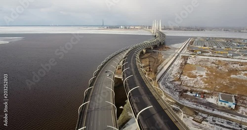 Highway construction. The new highway crossing the Gulf of Finland. Aerial drone