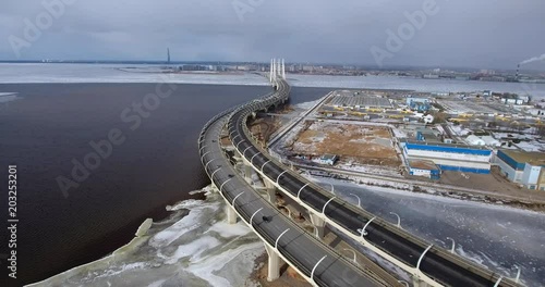 Highway construction. The new highway crossing the Gulf of Finland. Aerial drone