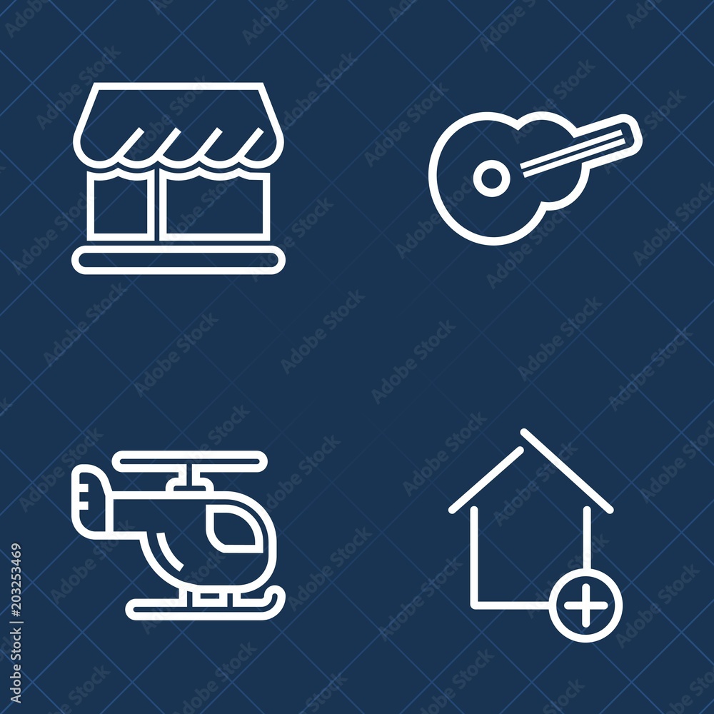 Premium set of outline vector icons. Such as aviation, rescue, jazz, home, concert, transport, helicopter, market, rock, rotor, music, new, awning, transportation, sound, guitar, curtain, house, pilot
