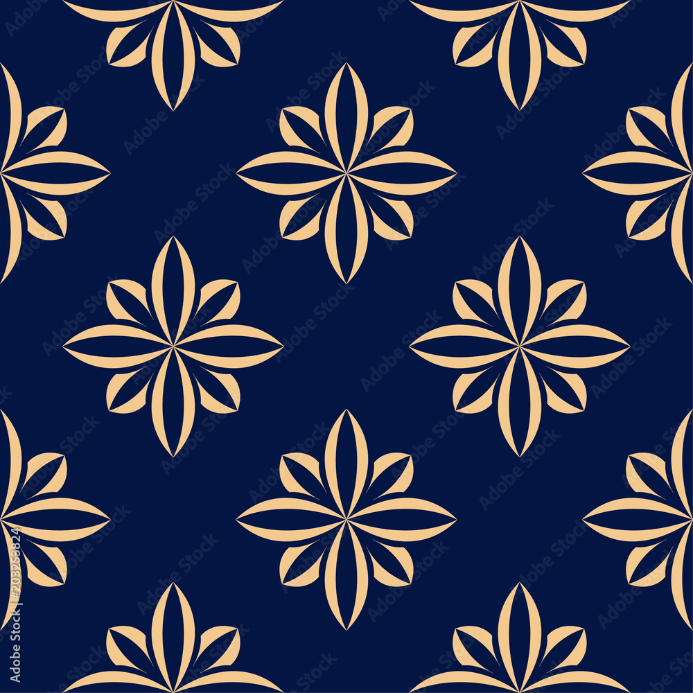 Golden flowers on blue background. Ornamental seamless pattern