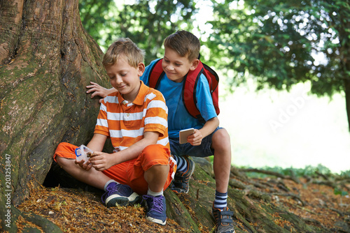 Two Boys Finding Item Whilst Geocaching In Forest photo