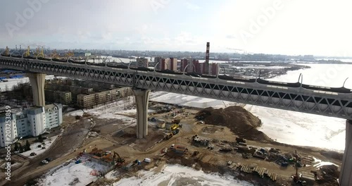 Highway construction. The new highway crossing the Gulf of Finland. Aerial drone