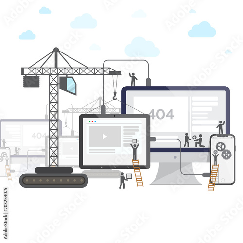 Flat design of website under construction, web page building process with figure stick people. Set up your phone and tablet. Vector illustration.