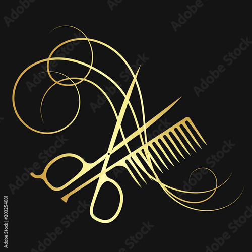 Hairdressing scissors and comb gold color