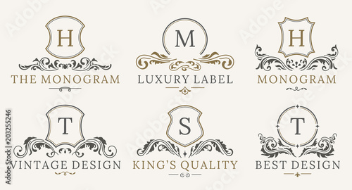 Retro Royal Vintage Shields Logotype set. Vector calligraphyc Luxury logo design elements. Business signs, logos, identity, spa, hotels, badges