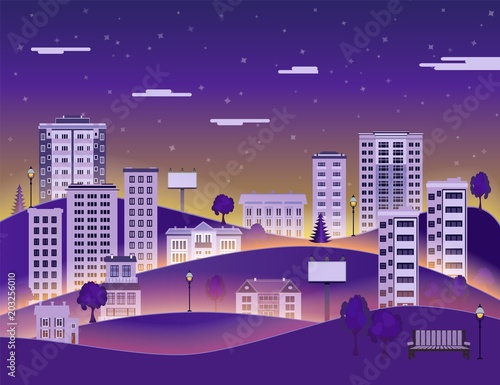 City paper landscape in night with multistorey apartment houses and office buildings, public park on dark blue sky background with clouds - flat style colorful cityscape. Vector illustration.