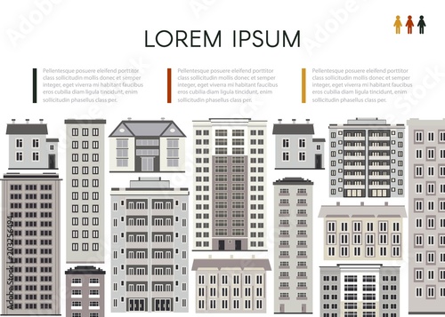 Cityscape poster with apartment, office building, skyscraper houses. City modern architecture background design template with space for your text. Vector flat illustration