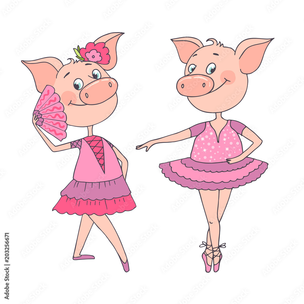 Two funny cute pigs are in a beautiful dresses