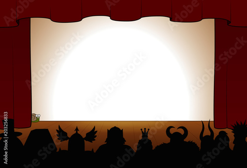 A theater with wooden stage and red curtain for shows and cinema and the silhouettes of spectators, drawn in cartoon style